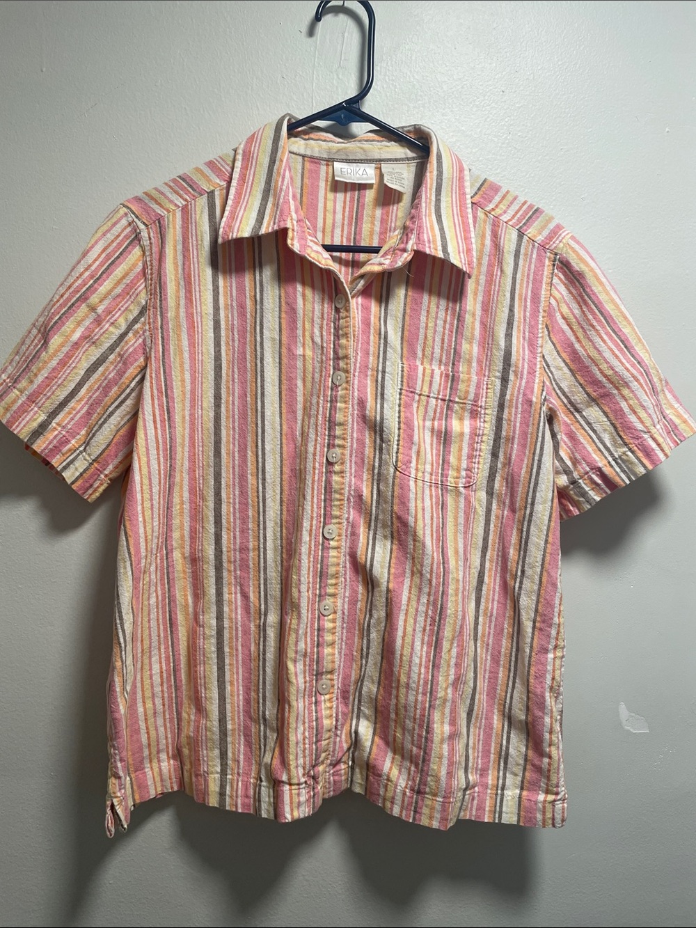 90s Erika linen and cotton Candy Stripe Pastel button down short sleeve blouse